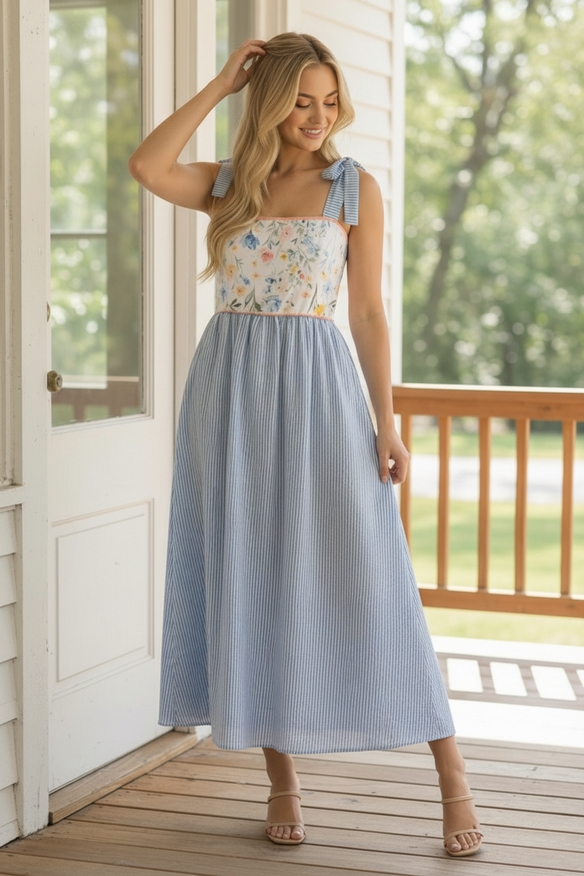 Floral Print Tube Top Bow Strap Dress -Blue
