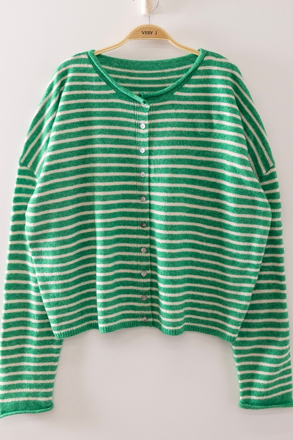 Button Down Stripe Sweater - Kelly Green