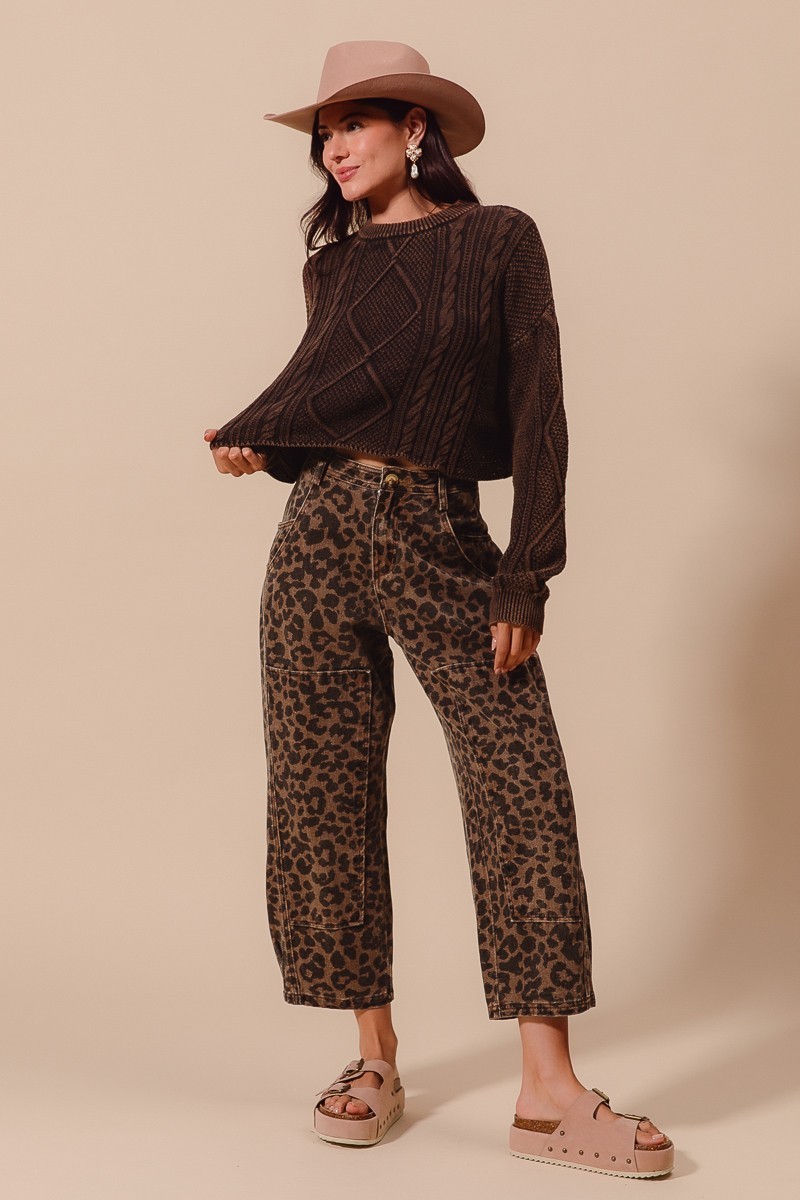 Two Toned Leopard Print Twill Mid Rise Wide Pants