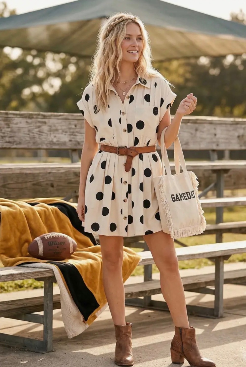 Polka Dot Button Down Pleated Poplin Mini Dress