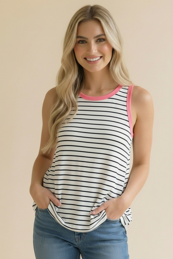 Round Neck Color Block Multi Stripe Tank White/Black/Coral
