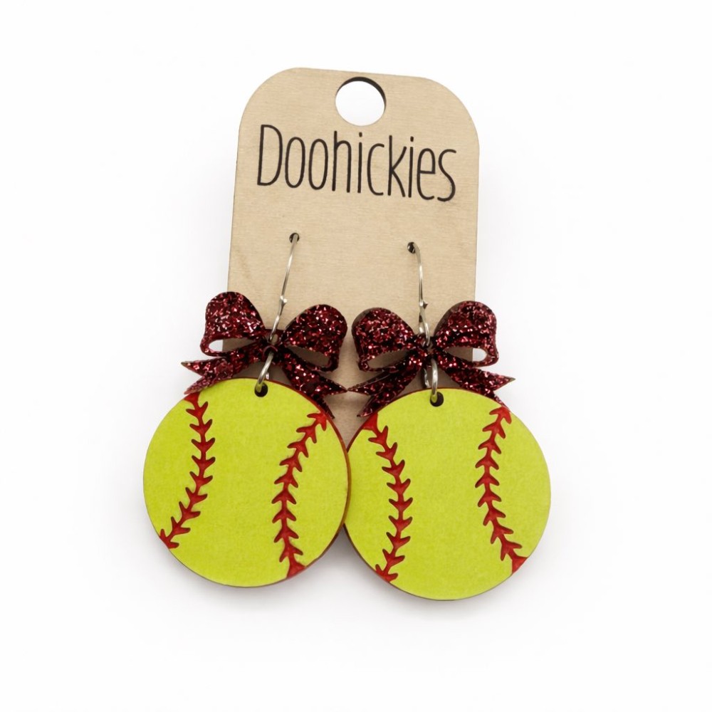 Red Glitter Bow Softball Dangle Earrings