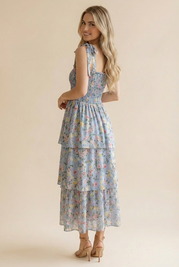 Smocking Bow Tied Tiered Floral Maxi Dress
