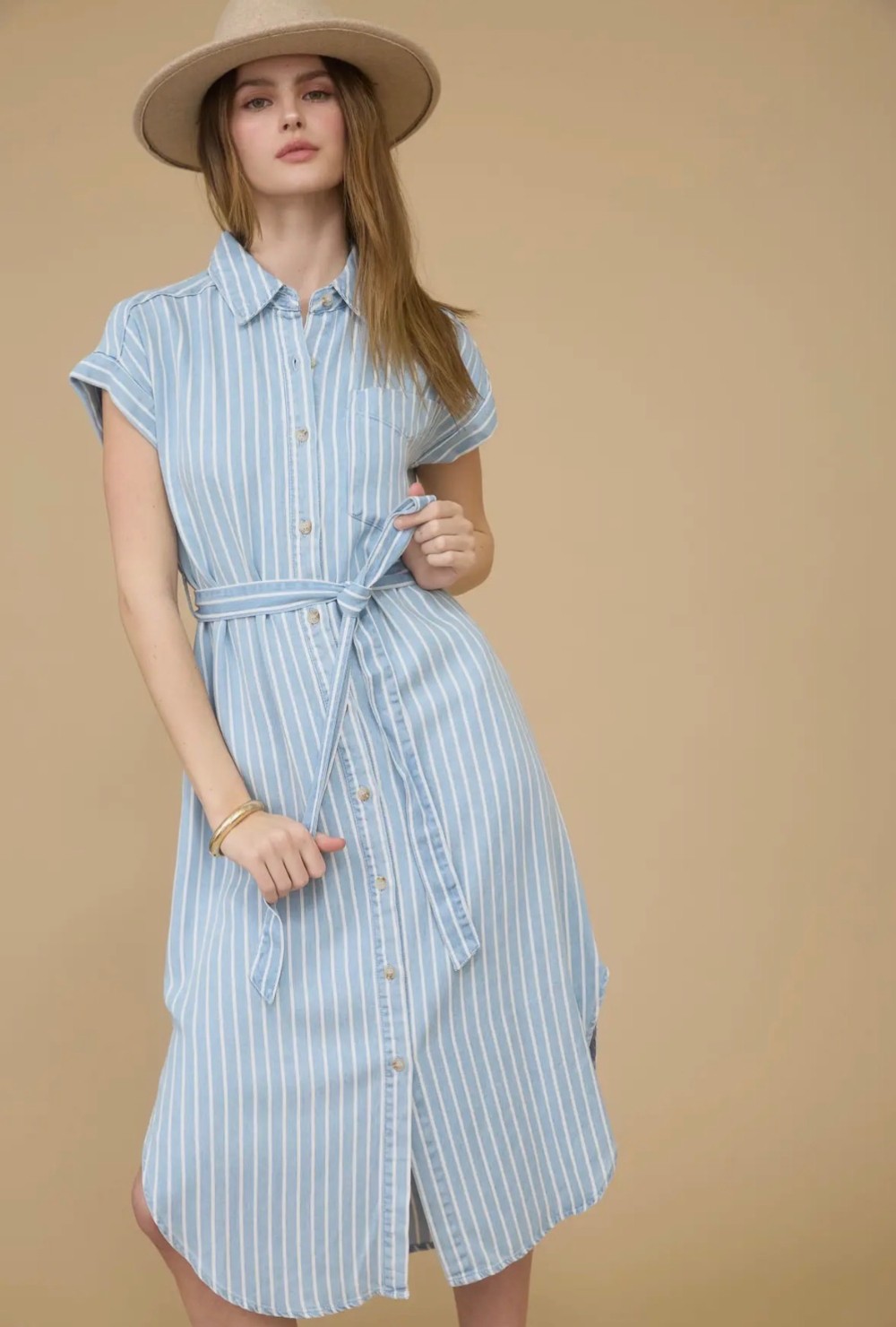 Stripe Chambray Collared Tie Belt Strap Midi Dress