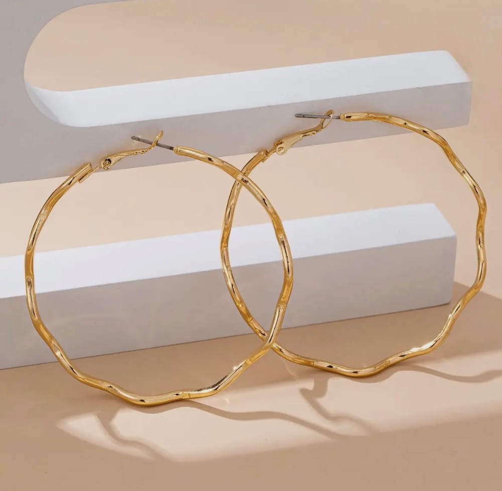 Oversized Hammered Gold Wavy Hoop Earrings