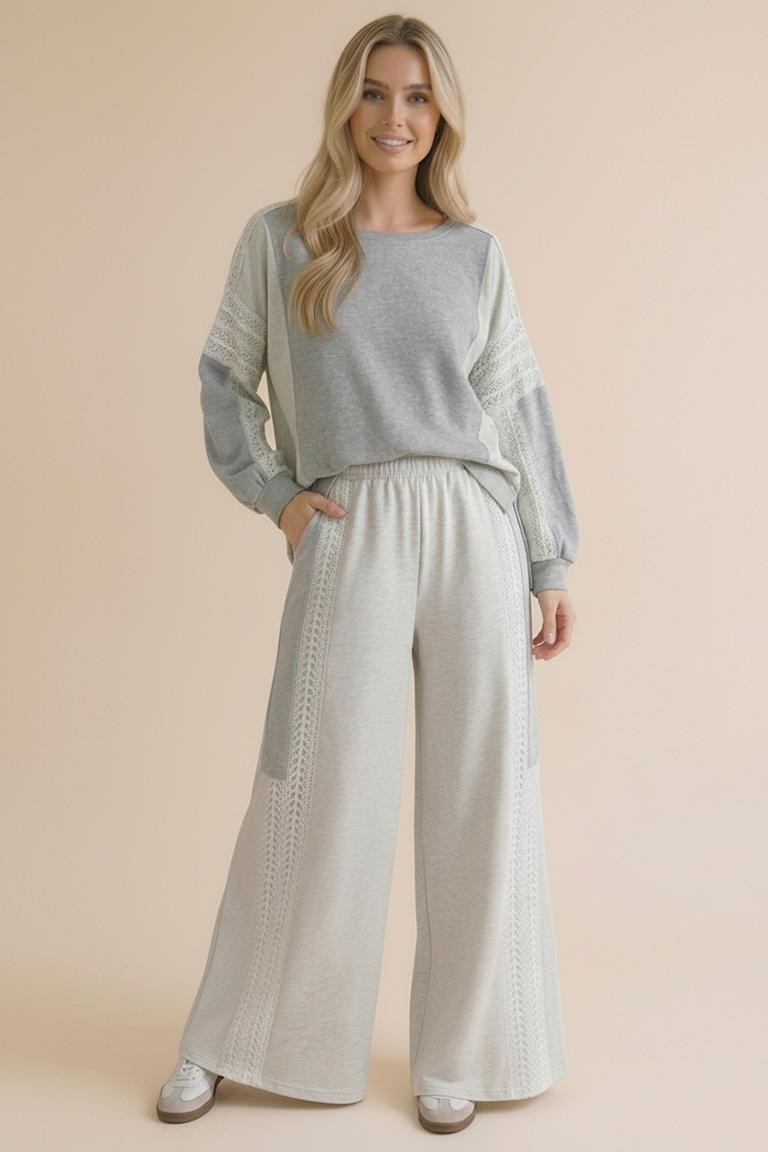 French Terry Lace Color Block Wide Pants