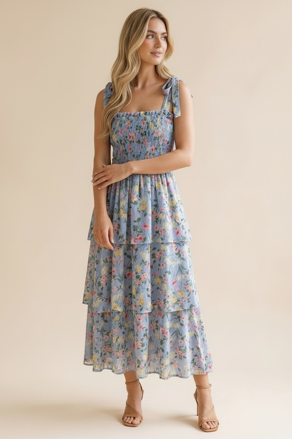Smocking Bow Tied Tiered Floral Maxi Dress