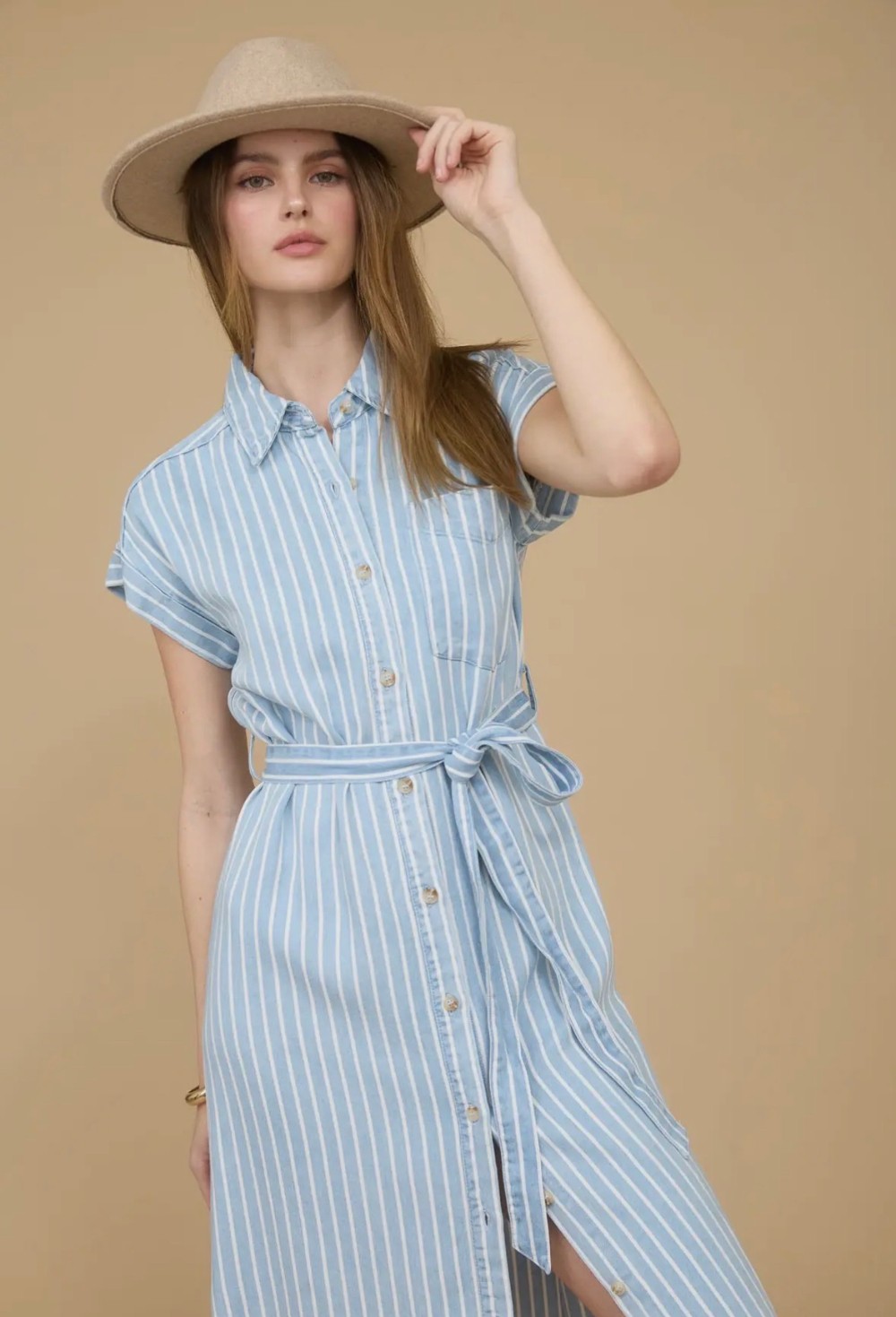 Stripe Chambray Collared Tie Belt Strap Midi Dress