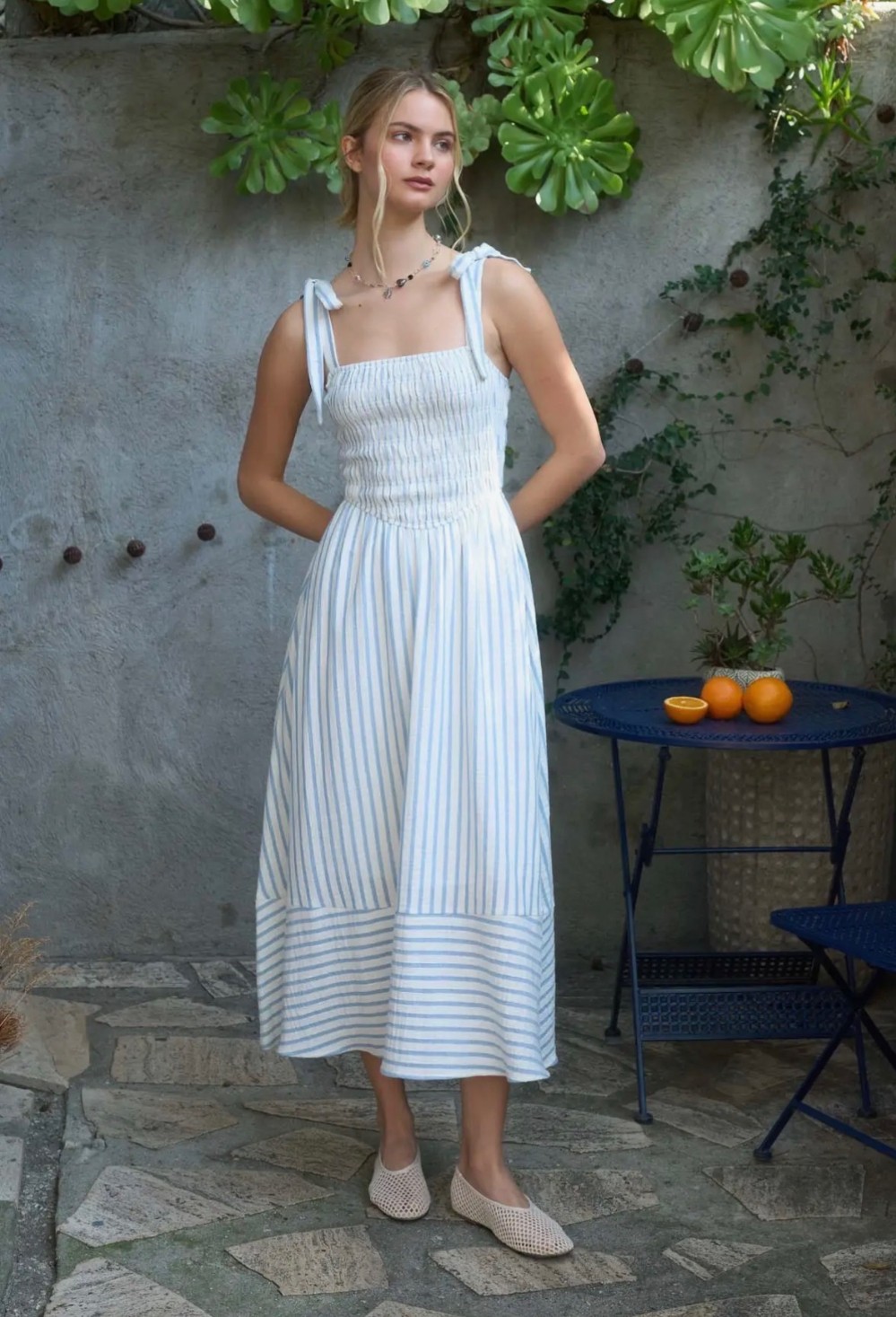 Stripe Smocked Tie Strap Basque Waist Maxi Dress