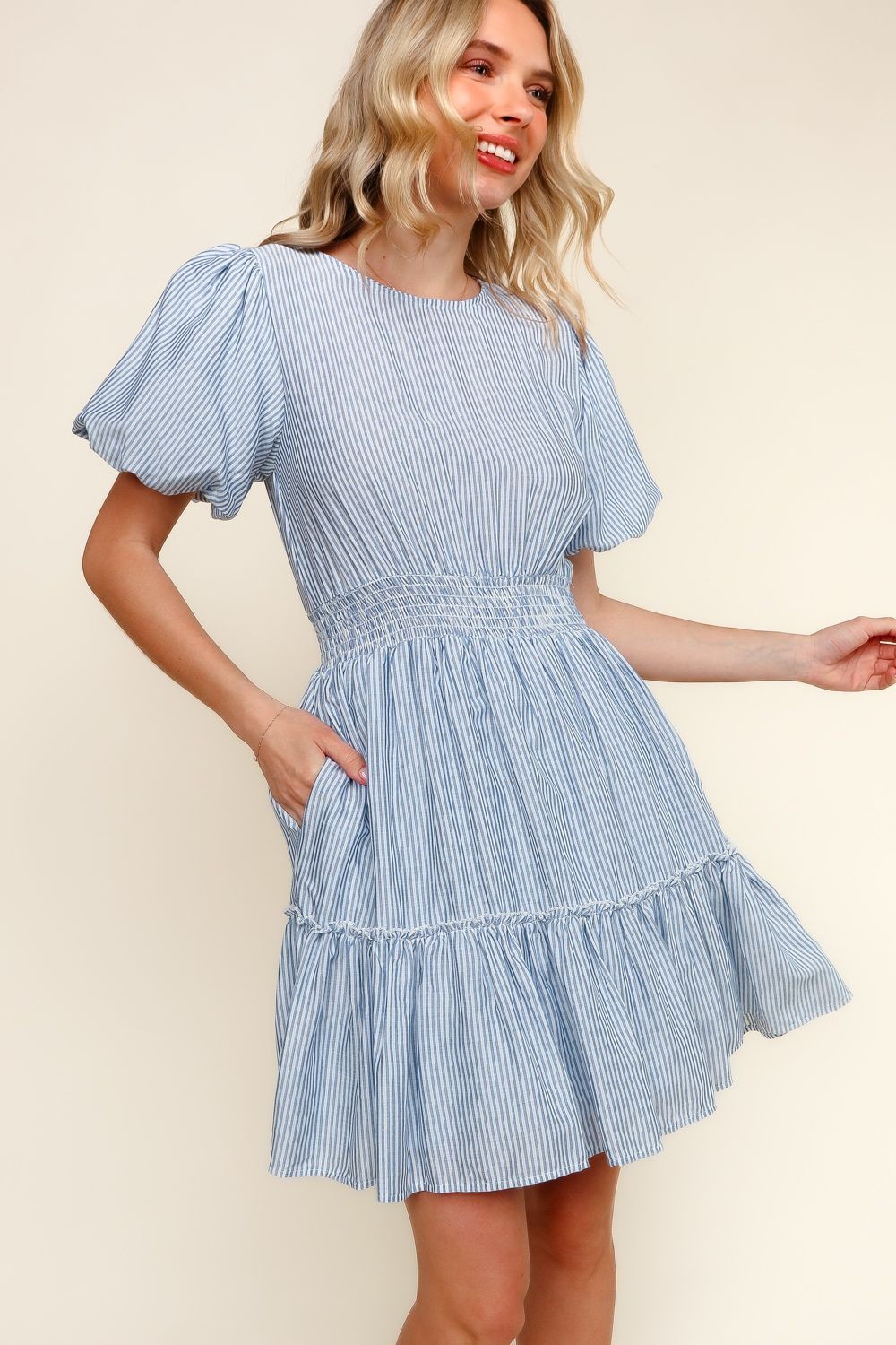 Bubble Sleeve Smock Tiered Stripe Dress