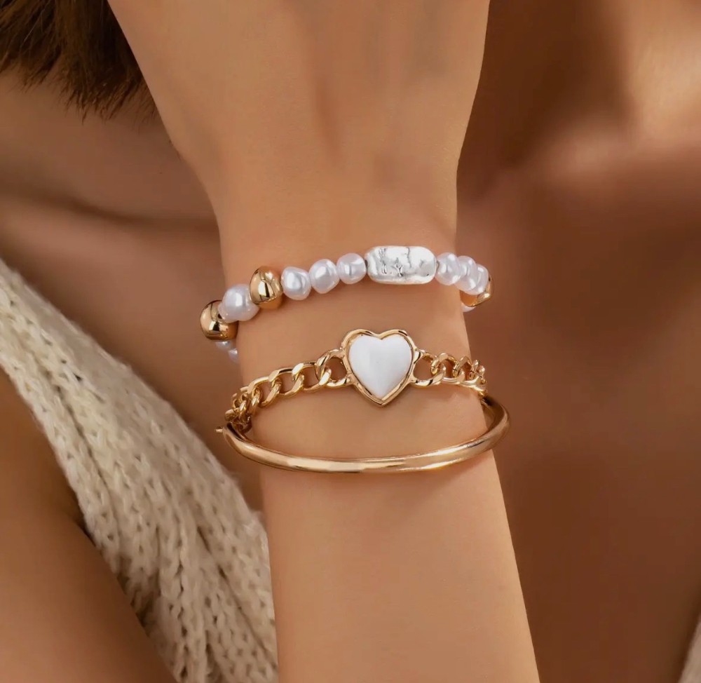 Rectangle Stone Heart Charm Multi Layer Bracelet