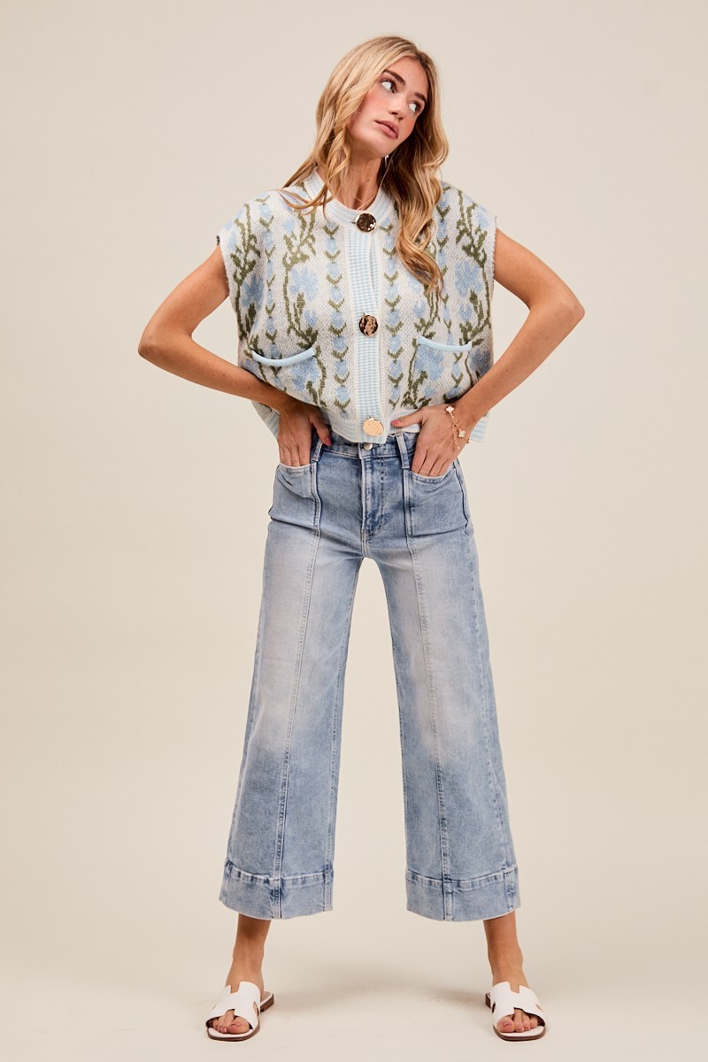 Mid Rise Stretch Wide Leg Denim Jeans Pants