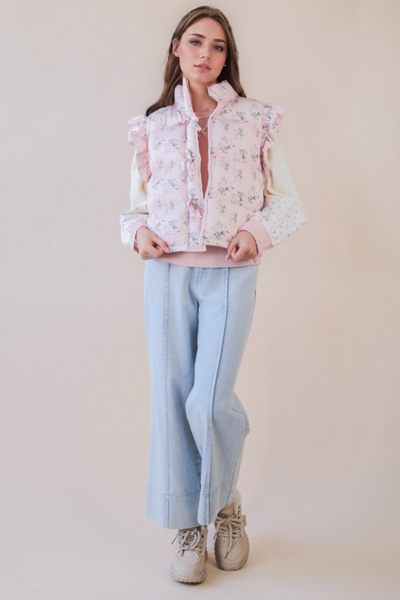 Front Bow Ruffle Sleeve Puffer Vest