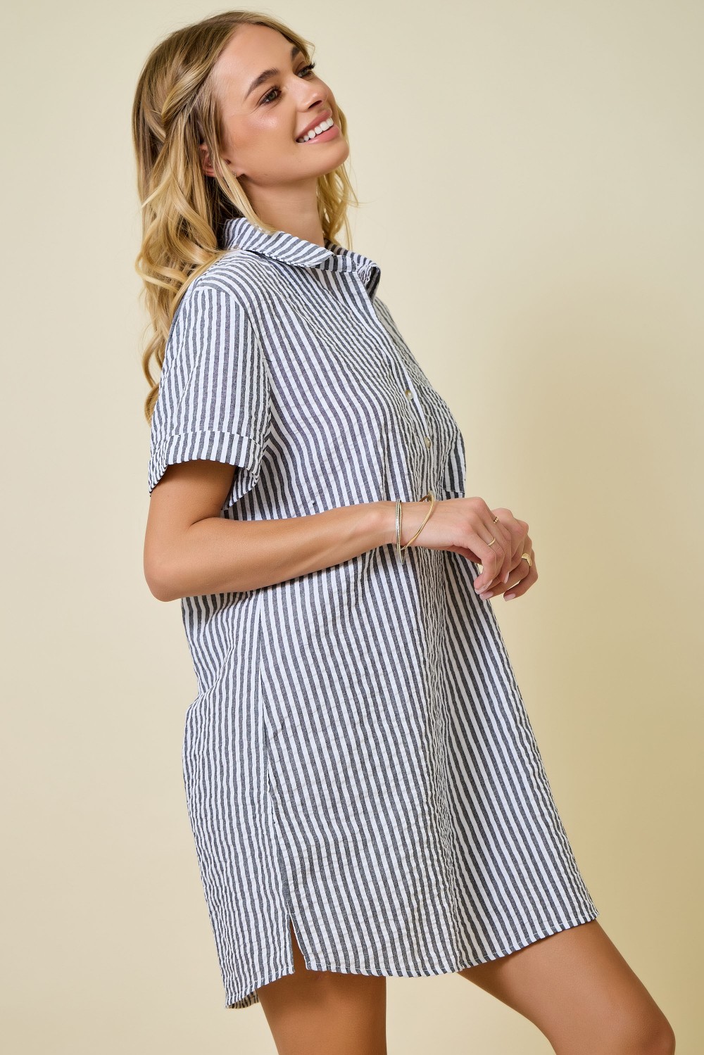 Striped Seersucker Easy Shirt Dress W/ Pockets - Black