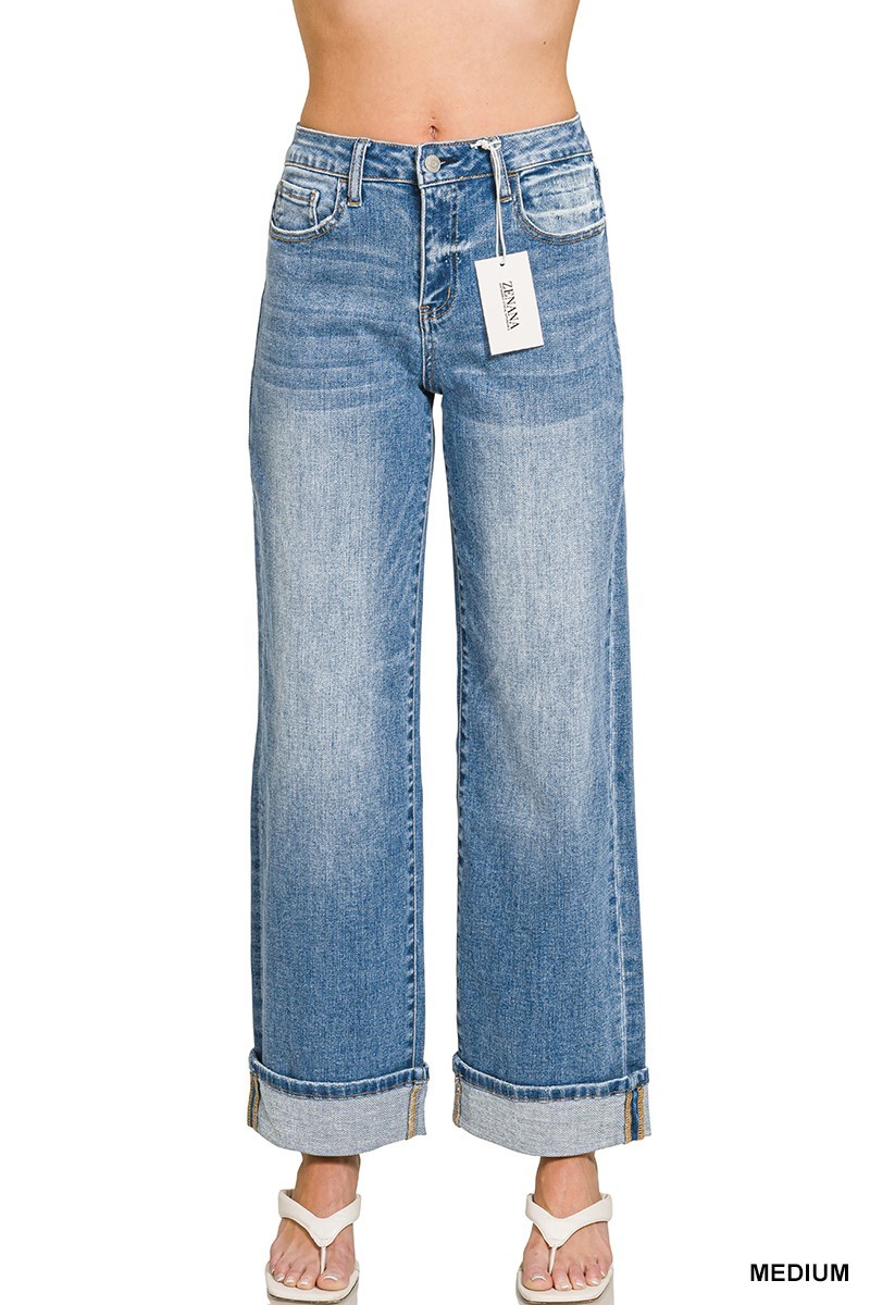 High Rise Cuffed Wide Leg Denim Pants