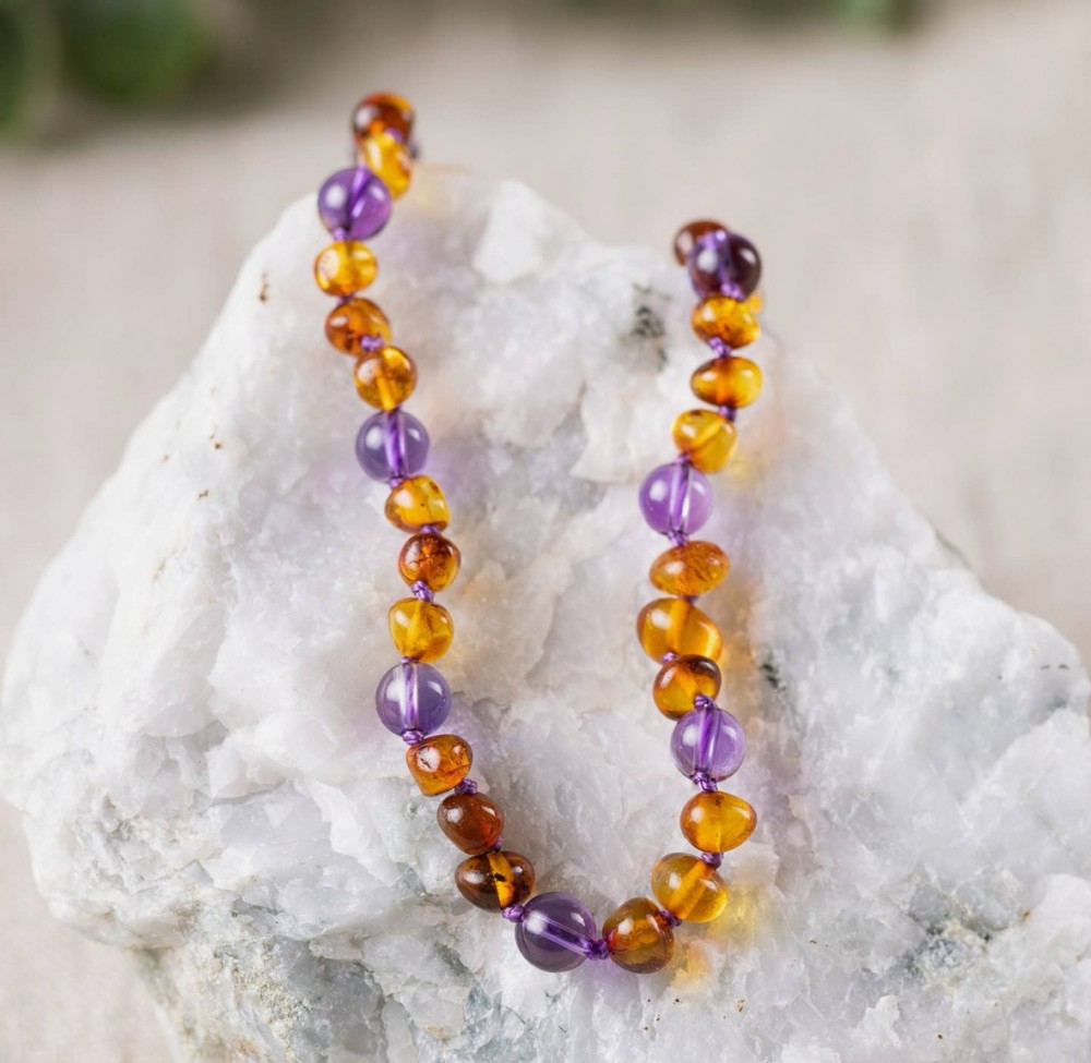 Amethyst + Baltic Amber Beaded Necklace 14-15in