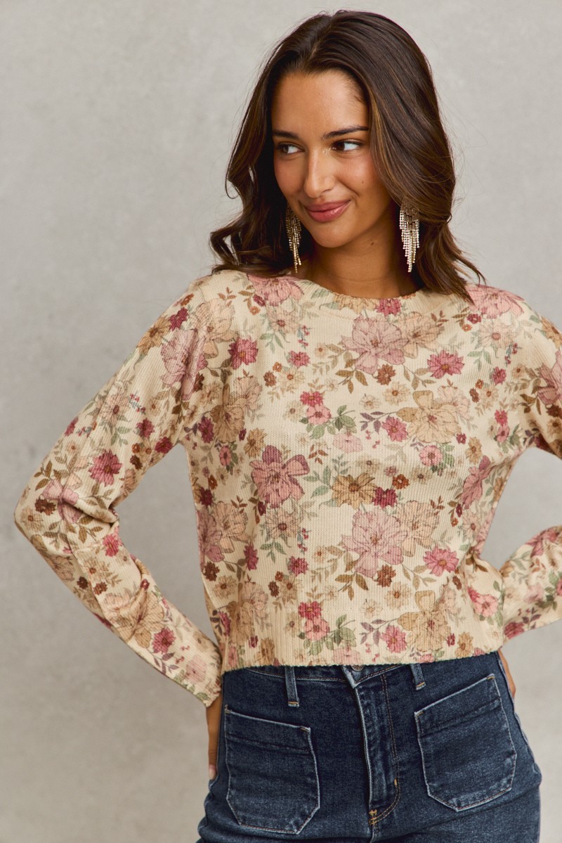 Floral Crew Neck Long Sleeves Sweater Knit Top