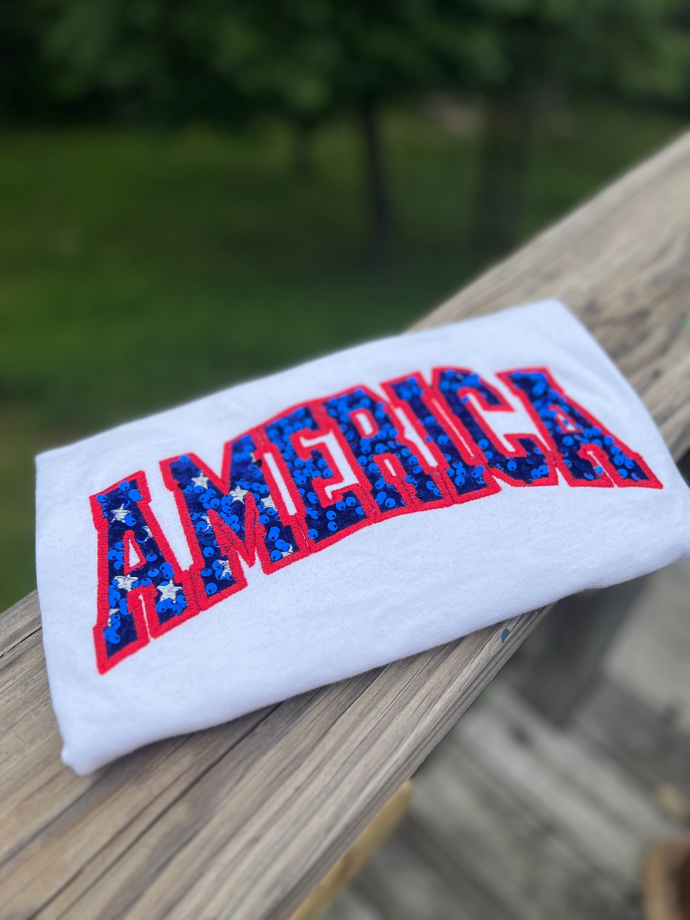 America Spangled Applique Embroidered T Shirt