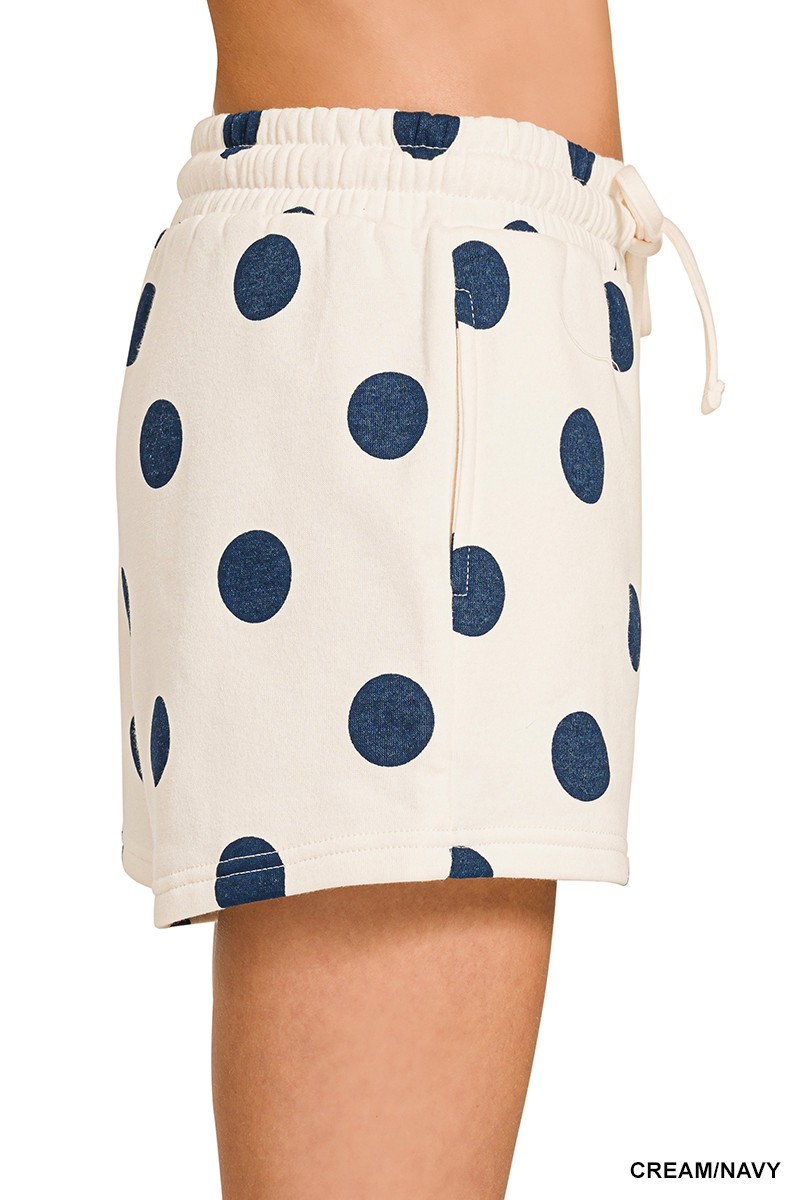 Fleece Polka Dot Print Round Neck Pullover & Shorts Set - Cream/Navy