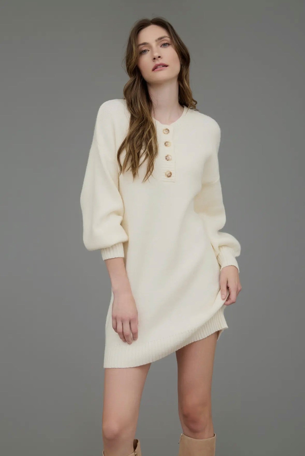 Half Button Long Sleeve Mini Sweater Dress - Cream