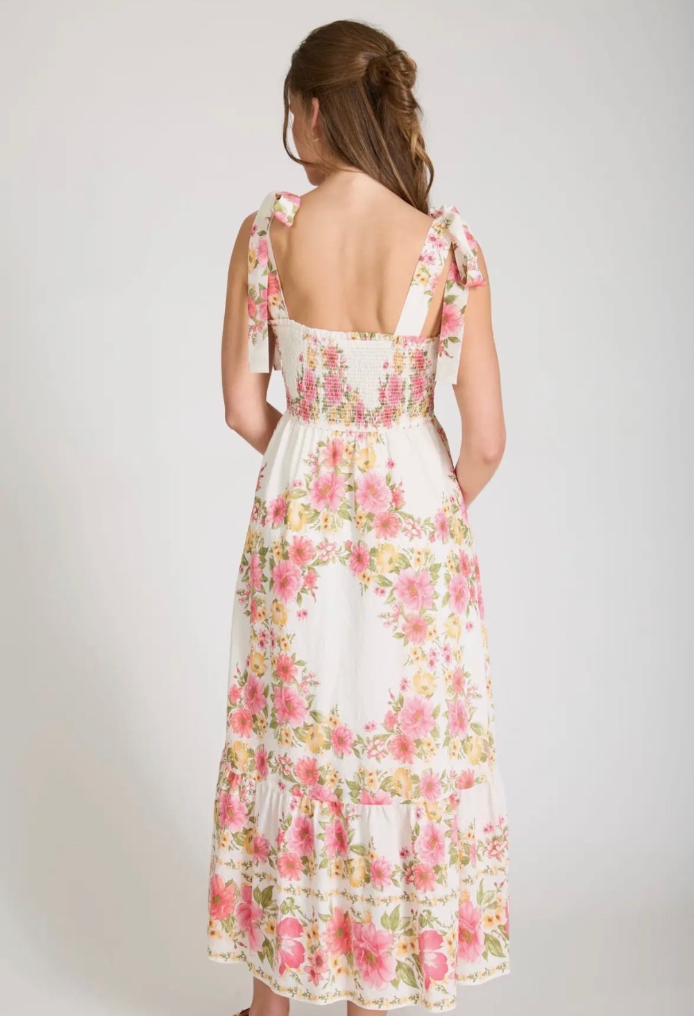 Floral Tie Strap Smocked Border Print Midi Dress - Red