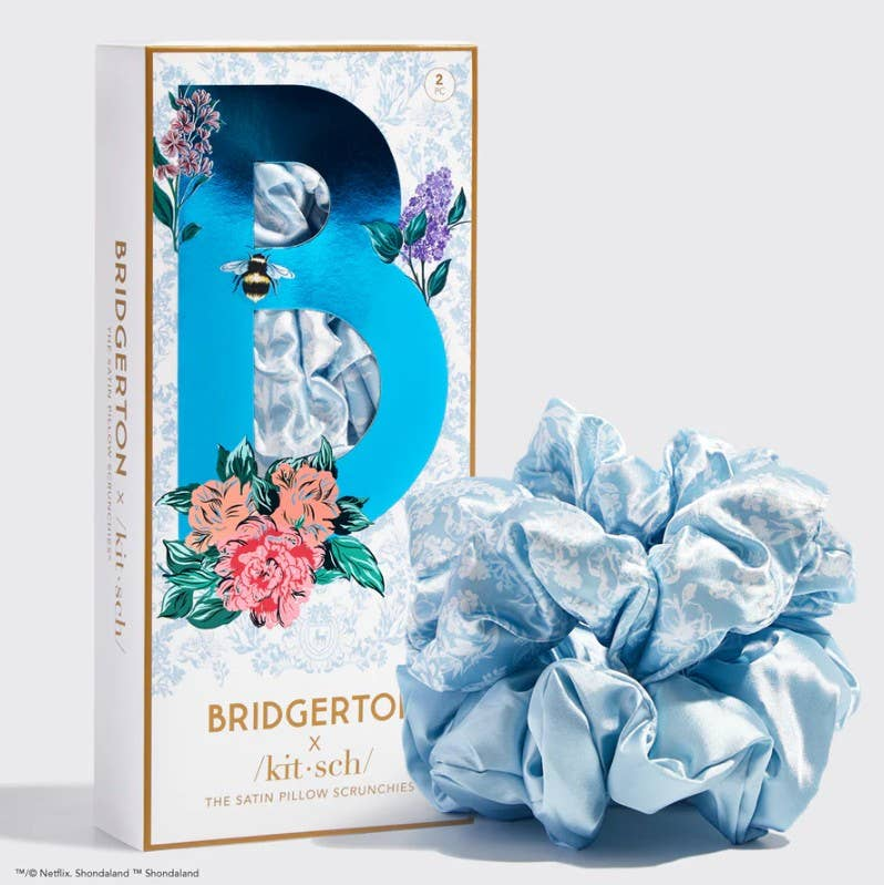 Kitsch X Bridgerton Satin Pillow Scrunchies in Toile De Blue