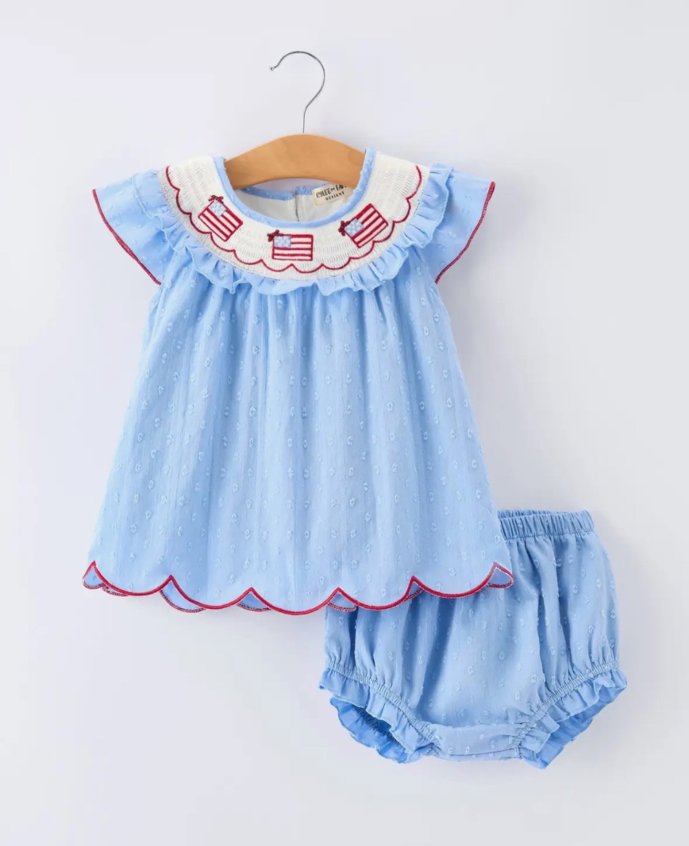 American Flag Embroidered Ruffle Collar Bloomer Set