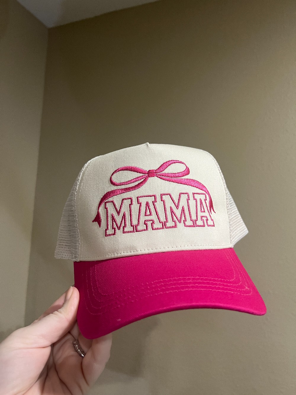 Mama Bow Mesh Structured Embroidered Hat