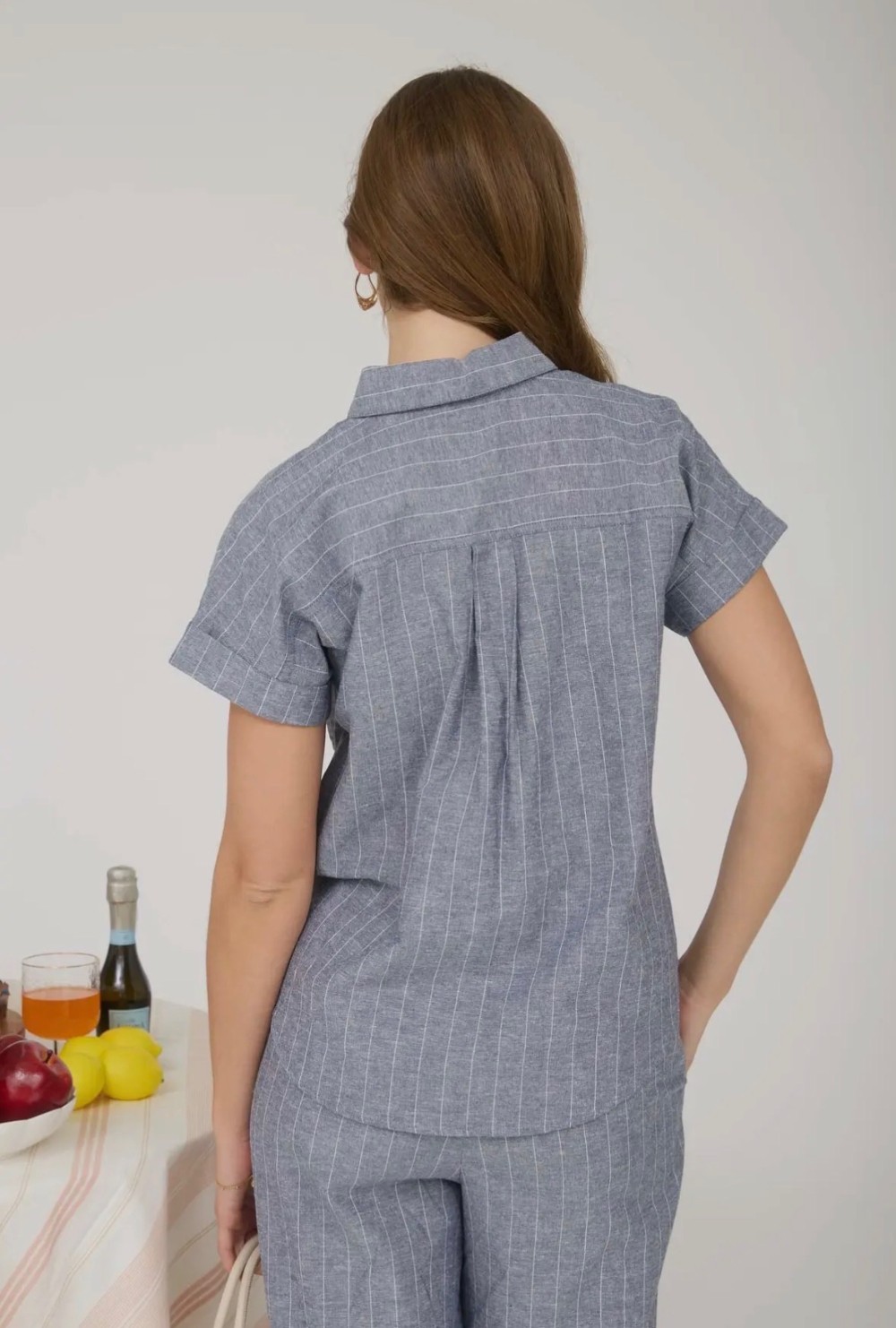 Stripe Linen Collared Short Sleeve Shirt - Navy