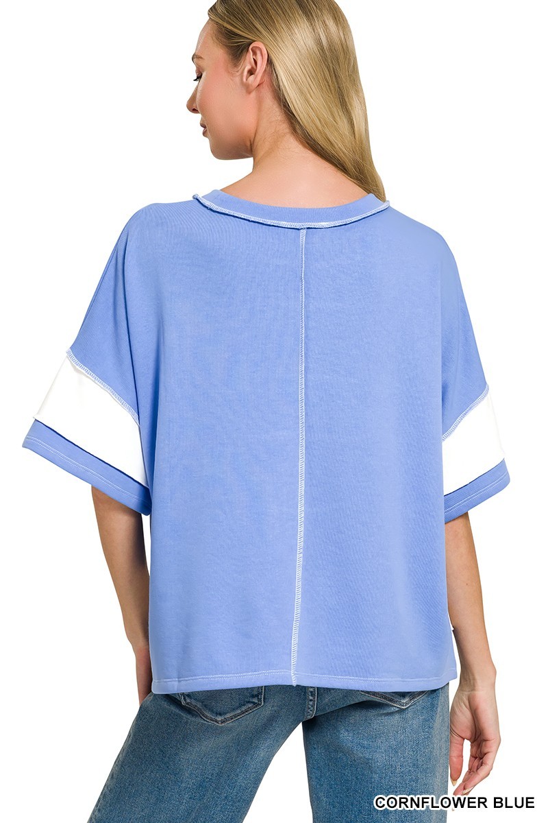 French Terry Striped Exposed Seam Top - Baby Blue