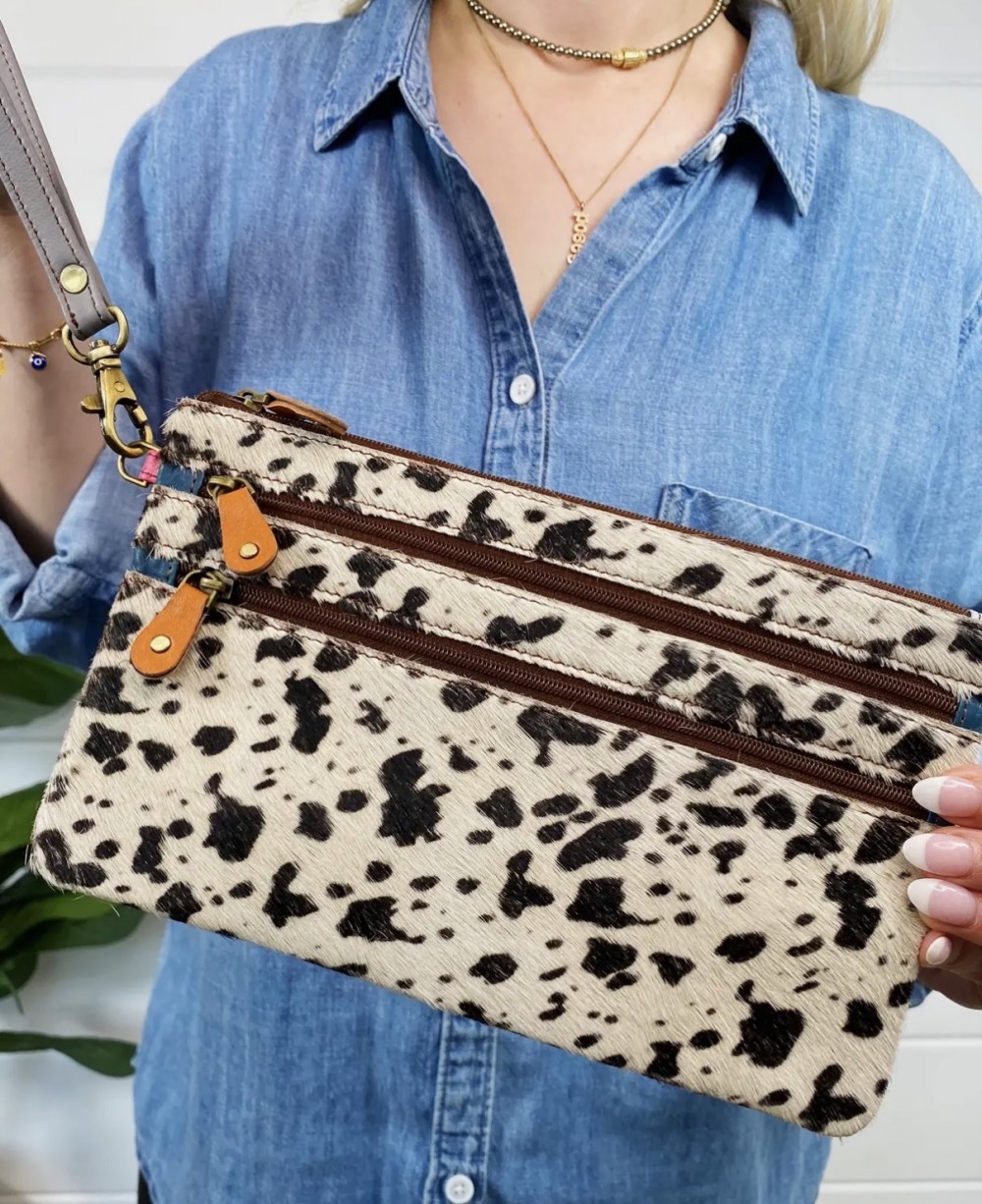 Wallet triple zipper leather hair on hide