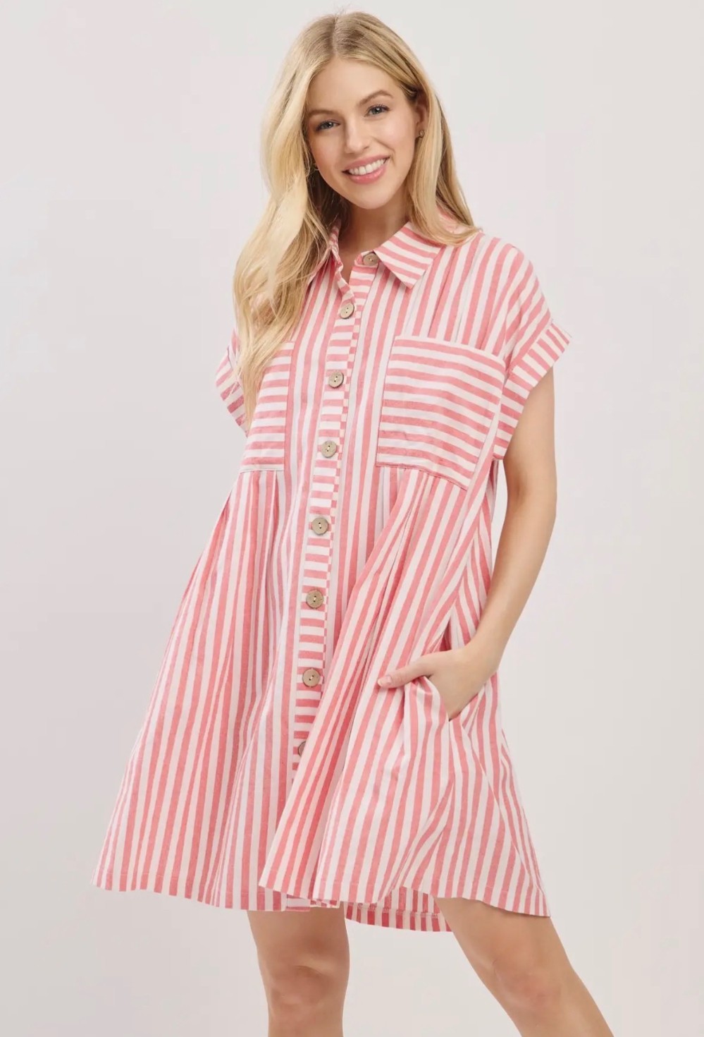 Cotton Striped Button Down Tunic Dress