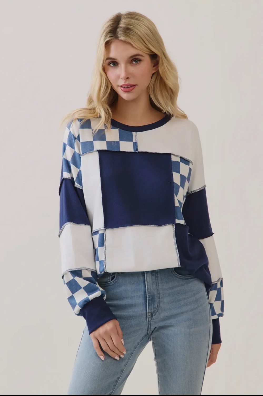 Checkered Print Patchwork Pullover Top- Blue