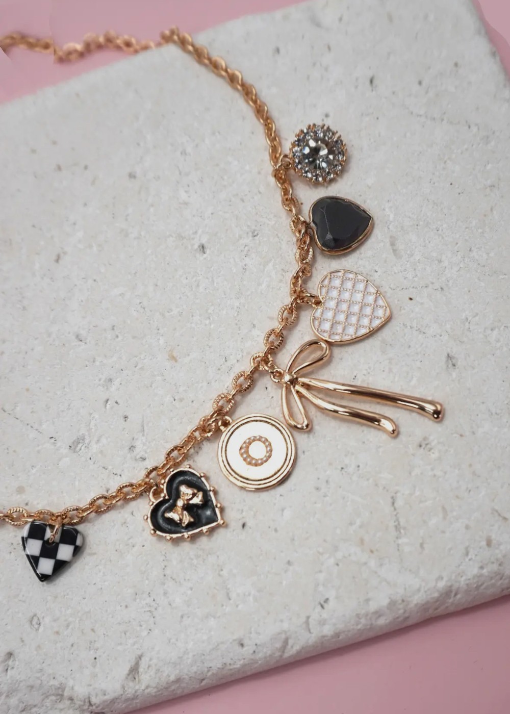 Charm Necklace - Bow Checker Heart Rhinestone