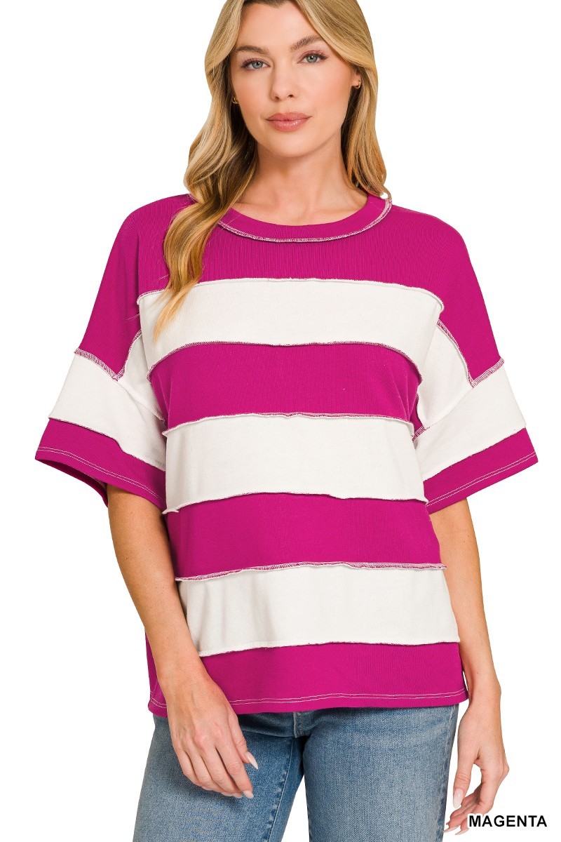 French Terry Striped Exposed Seam Top - Magenta