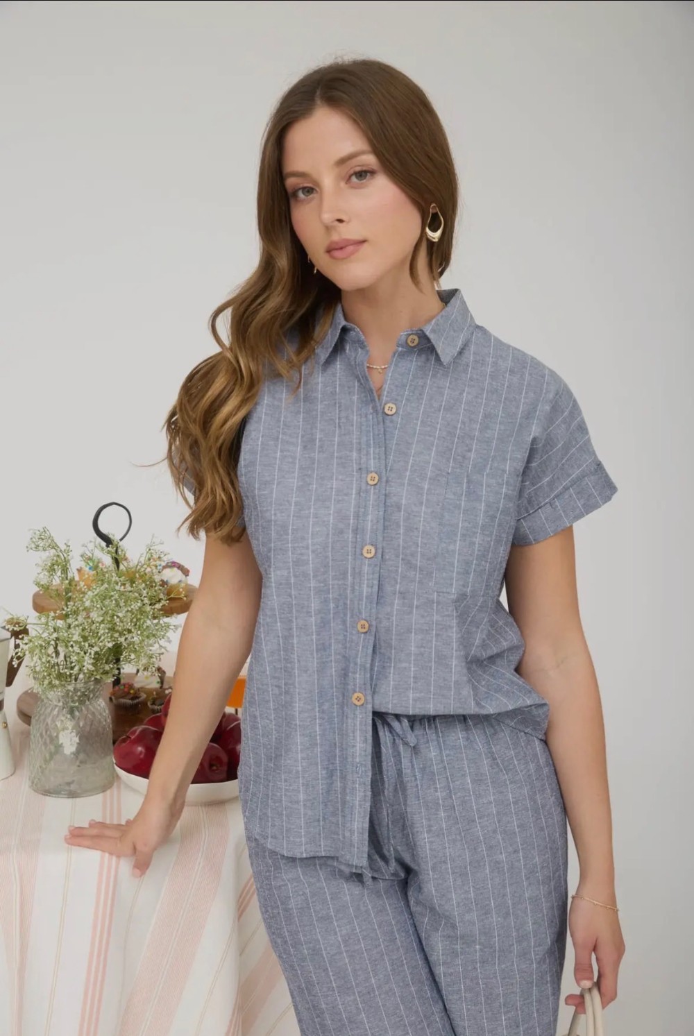 Stripe Linen Collared Short Sleeve Shirt - Navy