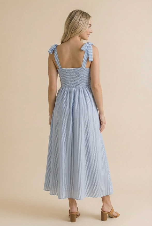 Floral Print Tube Top Bow Strap Dress -Blue
