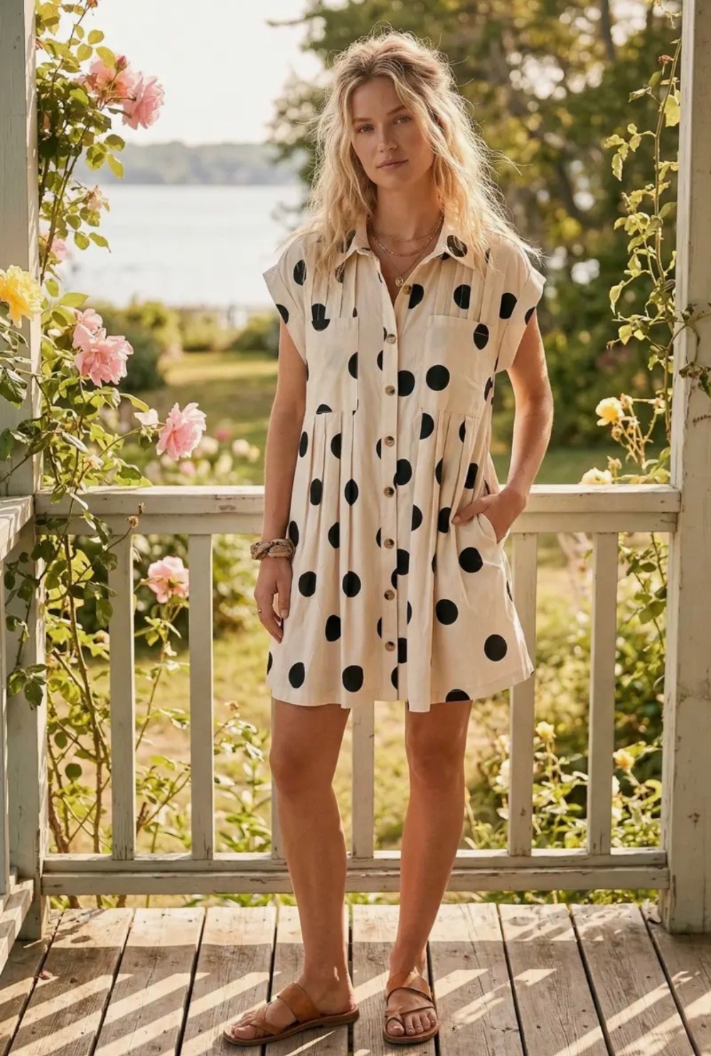 Polka Dot Button Down Pleated Poplin Mini Dress