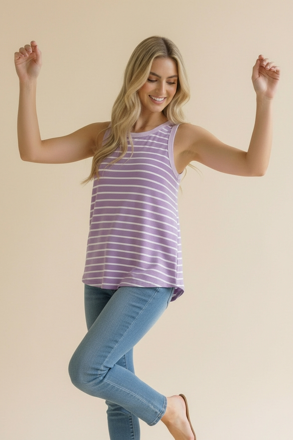 Round Neck Color Block Multi Stripe Tank - Lavender