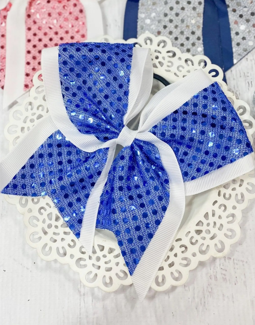 Sequin Cheer Hair Bow Pony-O - Blue/White