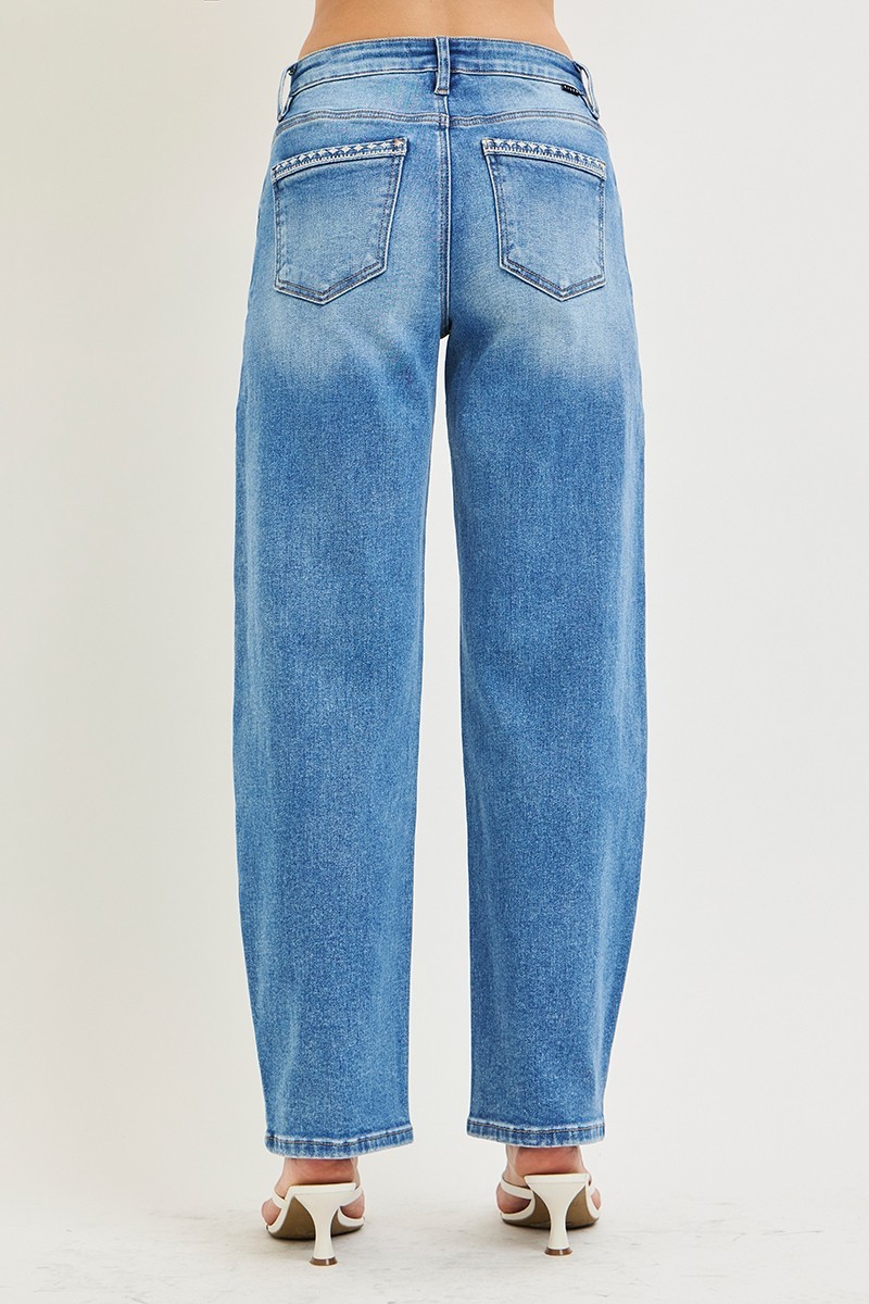 RISEN High Rise Ankle Barrel Embo Detailed Jeans