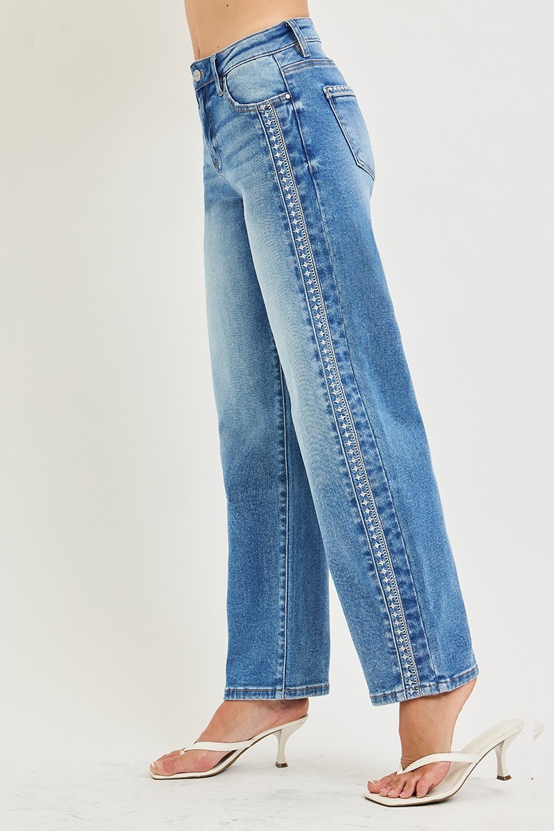 RISEN High Rise Ankle Barrel Embo Detailed Jeans