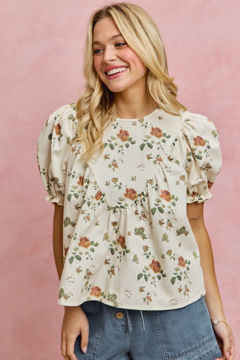 FLORAL ROSE PRINT DENIM SHORT SLEEVES TOP