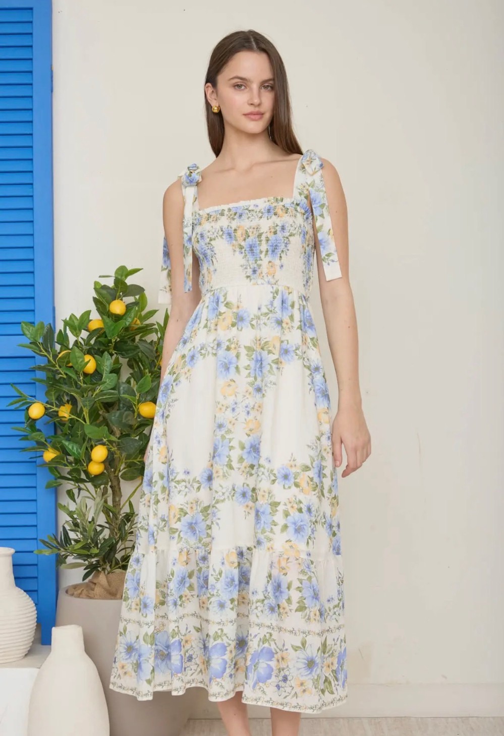 Floral Tie Strap Smocked Border Print Midi Dress - Blue