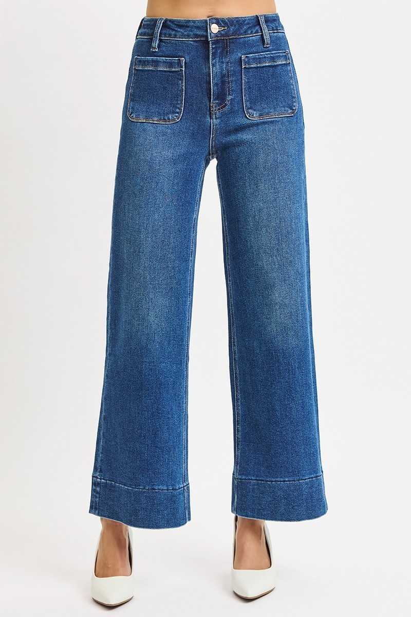 RISEN High Rise Crop Wide Front Patch Pocket Jeans