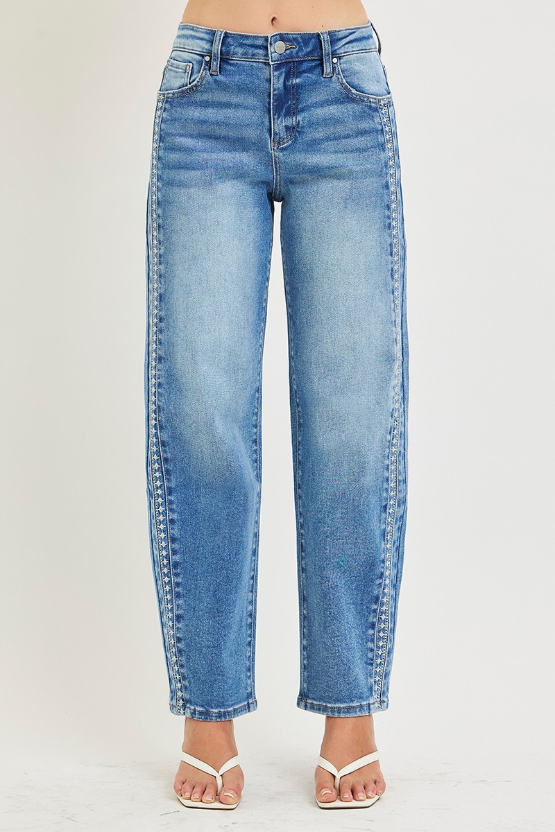 RISEN High Rise Ankle Barrel Embo Detailed Jeans