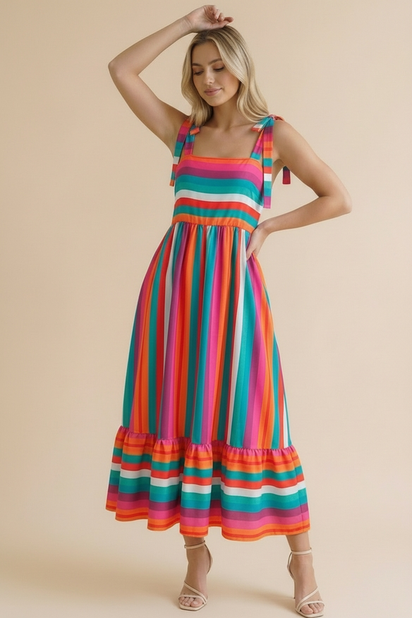Tie Shoulder Square Neck Striped Maxi Dress