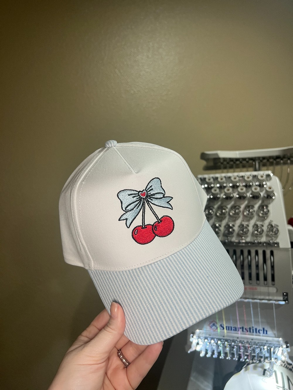 Striped Cherry Bow Structured Embroidered Hat