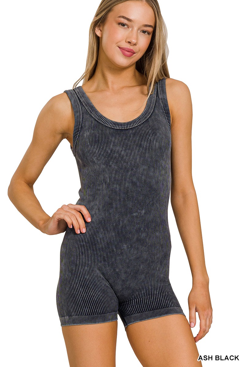 Stone Washed Ribbed Seamless Sports Romper - Black