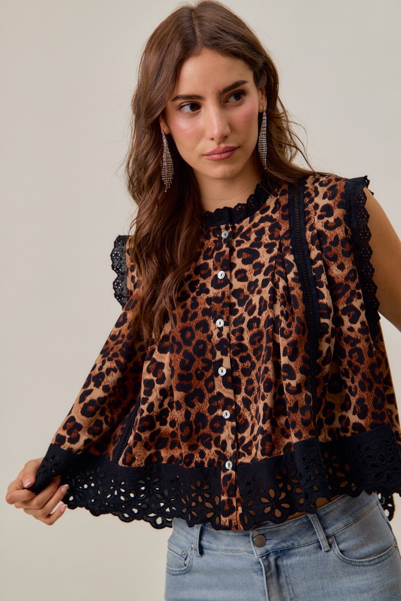 Leopard Button Up Pleated Sleeveless Blouse Top